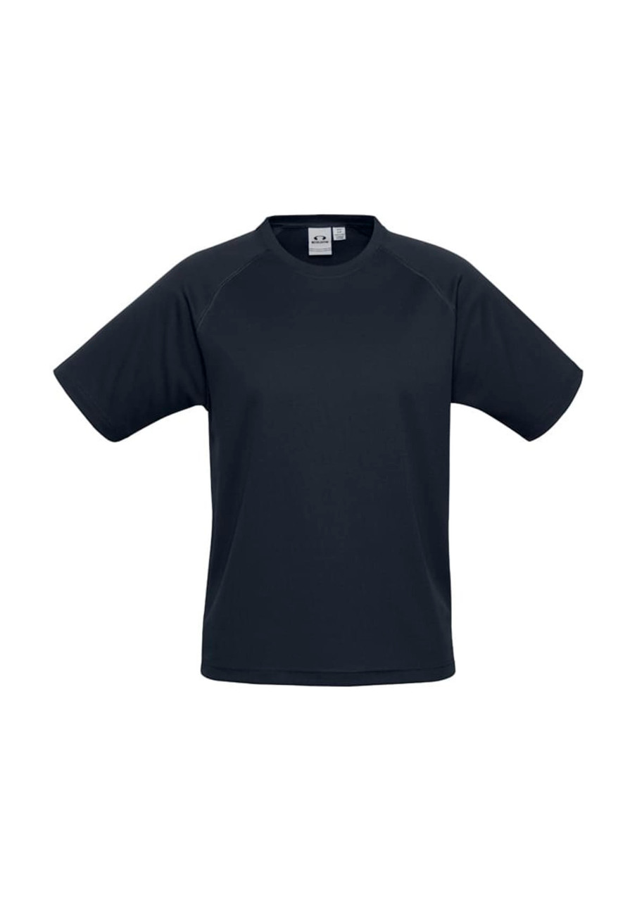 A short sleeve tee in navy blue with a simple design and a logo on the label. Suitable for kids.