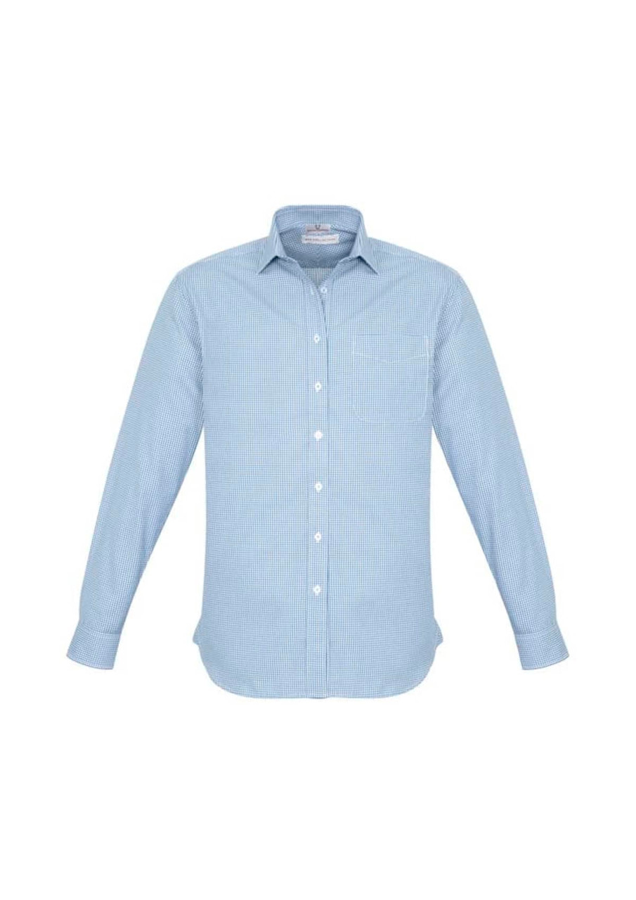 A long sleeve button-up shirt in light blue with a subtle striped pattern, featuring a logo on the chest.