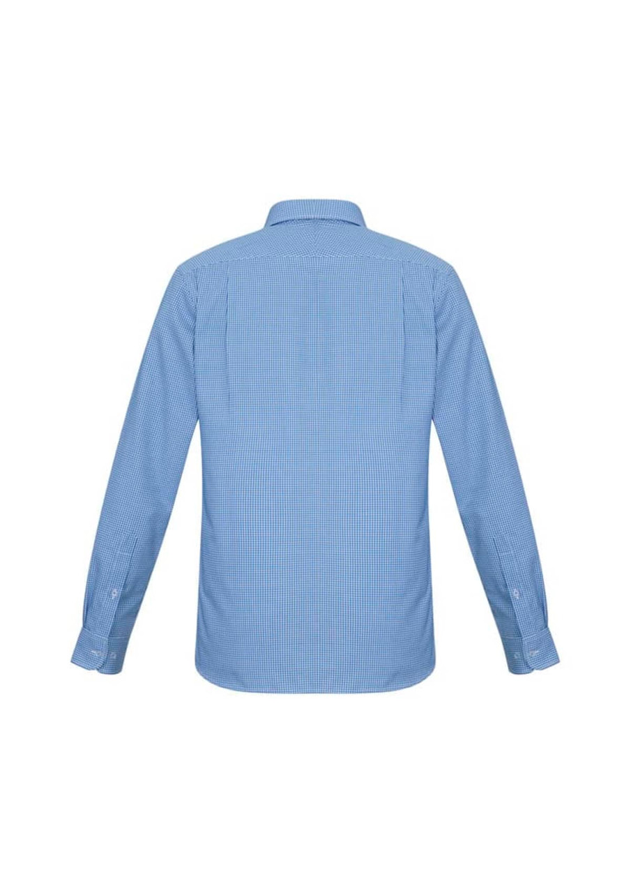 A blue and white striped long sleeve button-up shirt with a collar and logo on the back.
