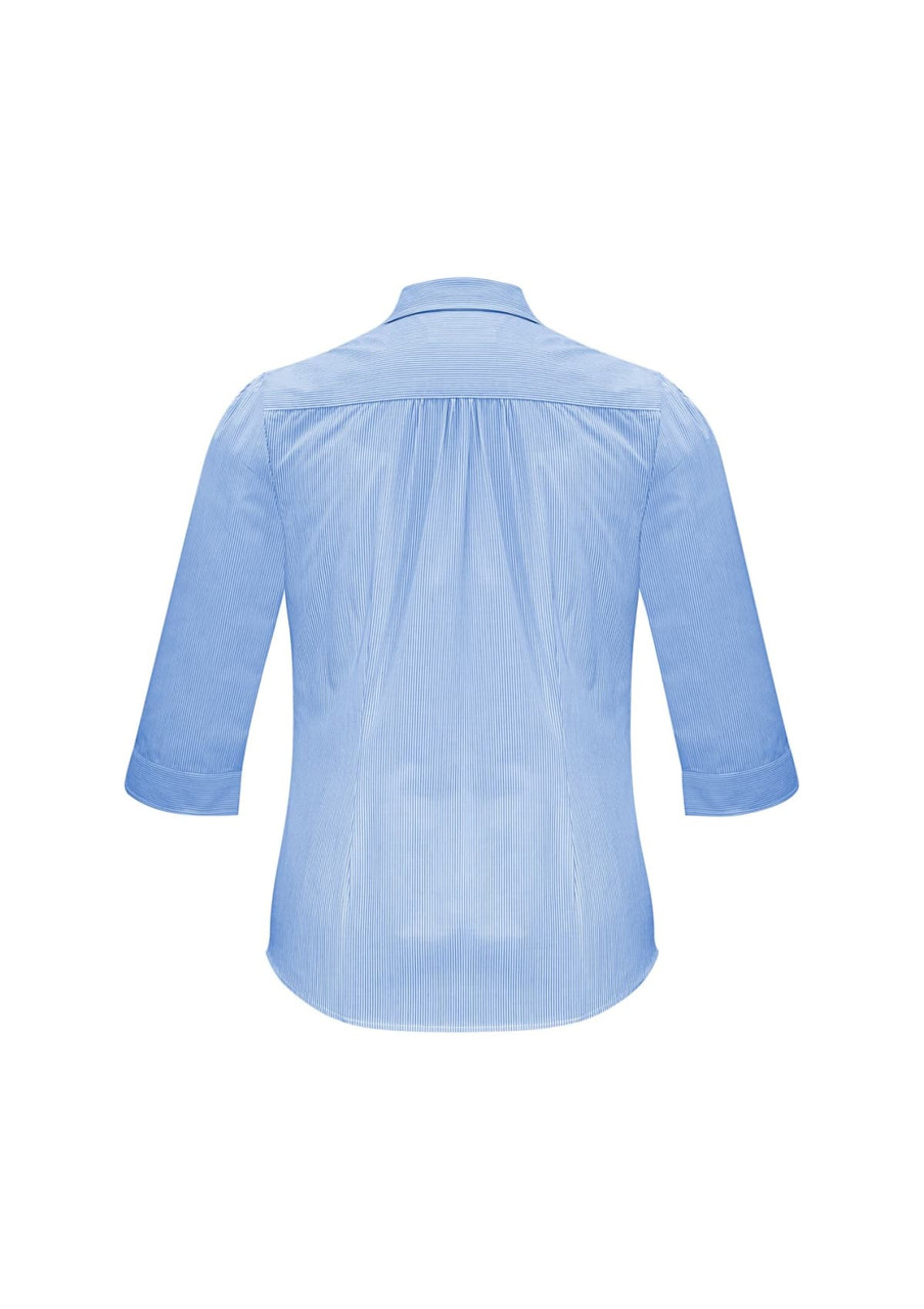 A women's blue 3/4 sleeve button-up shirt featuring a back pleat design and a logo.