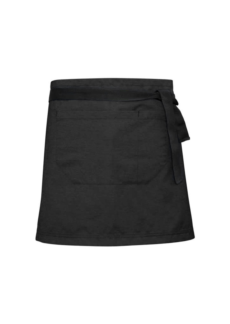 A black waist strap apron featuring a back pocket and a tied belt, ideal for chefwear.