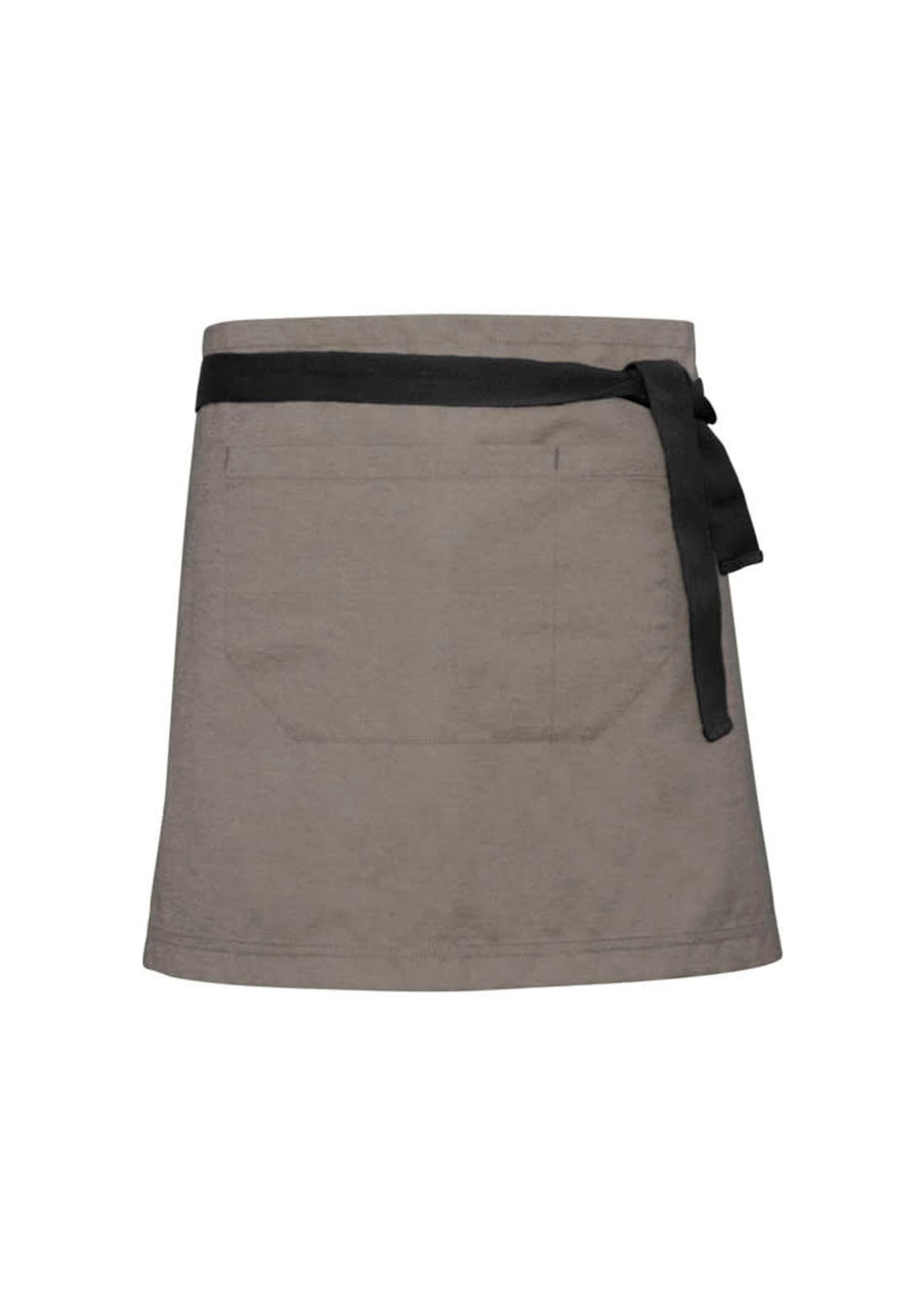 A grey urban waist strap apron with a black tie and a back pocket, featuring a logo.