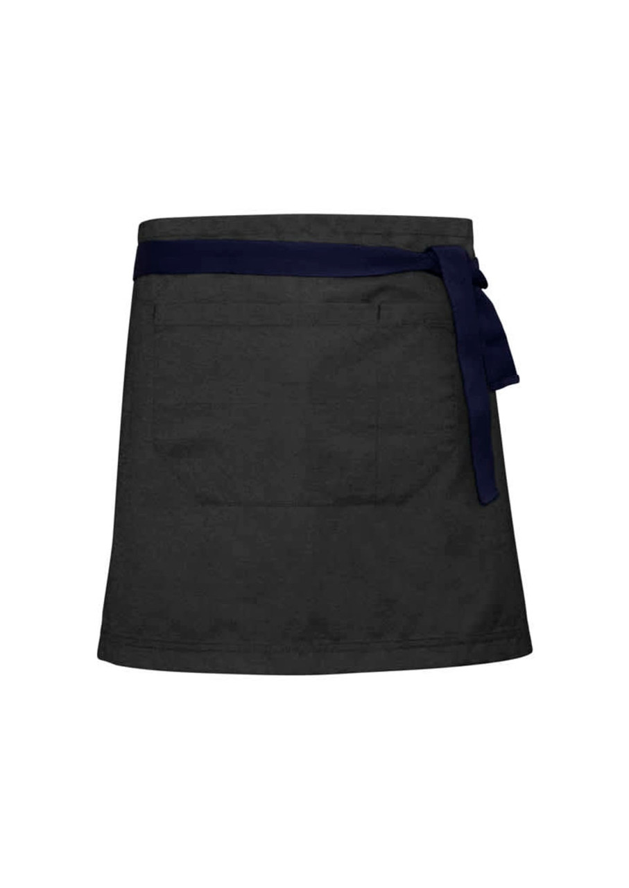 A dark grey waist strap apron with a navy blue tie and two front pockets. It features a logo on the design.