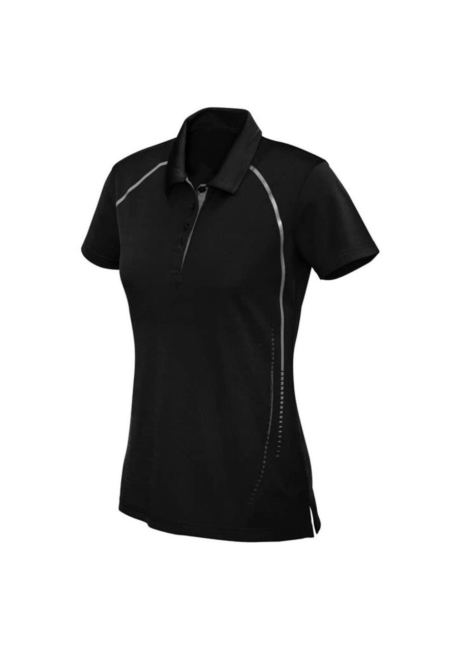 A women's short sleeve polo shirt in black with contrast detailing and a collar, featuring a logo.
