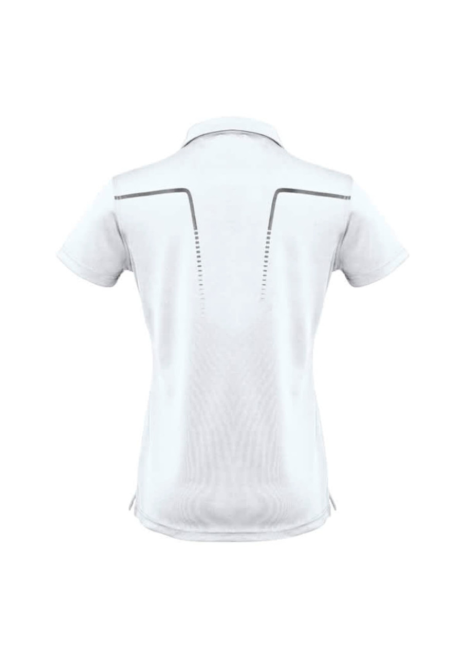 A short-sleeve women's polo shirt in white, featuring a logo and design details on the back.