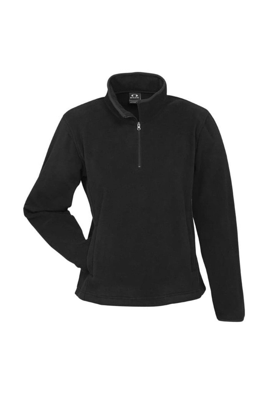 A black polar fleece jacket with a half-zip collar and long sleeves, featuring a logo.