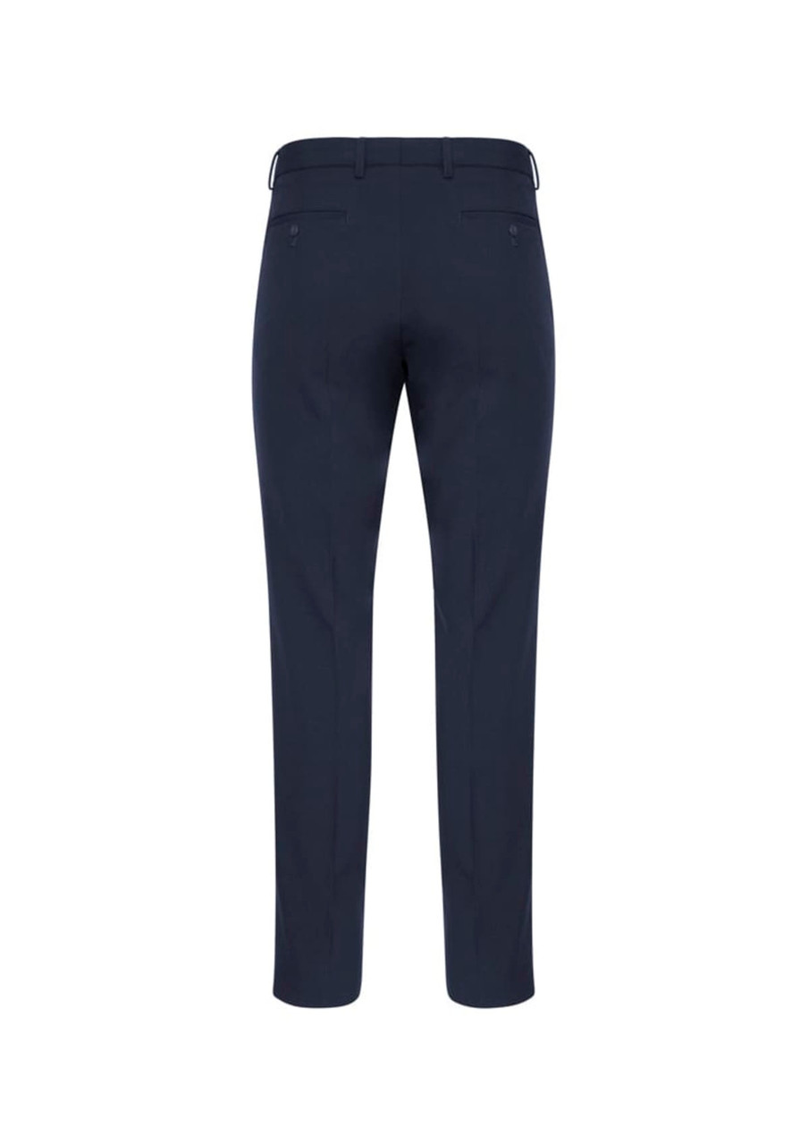 A pair of men's classic slim pants in navy blue, featuring a smooth back design with pockets and a branded label.