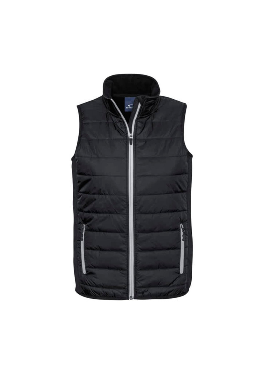 A black puffer vest with a high collar, featuring side zip pockets and a logo on the chest.