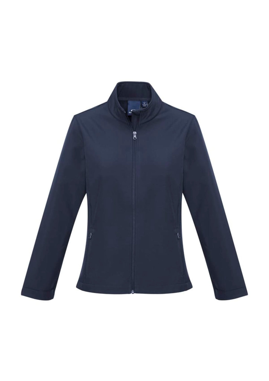 A dark navy soft shell jacket with a high collar and zipped front, featuring side pockets and a logo.