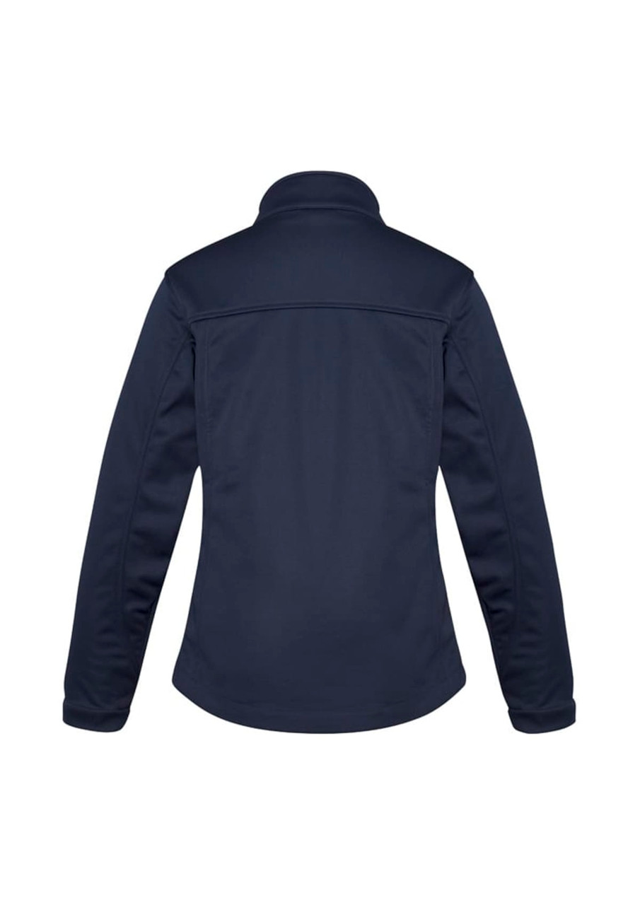 A navy women's softshell jacket with a high collar and long sleeves, featuring a logo on the back.