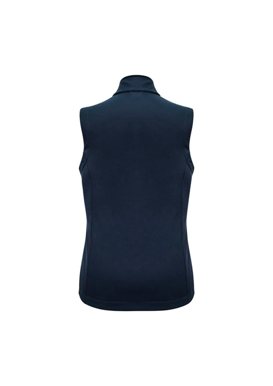 A navy women's vest featuring a high collar and no sleeves, with a logo on the back.