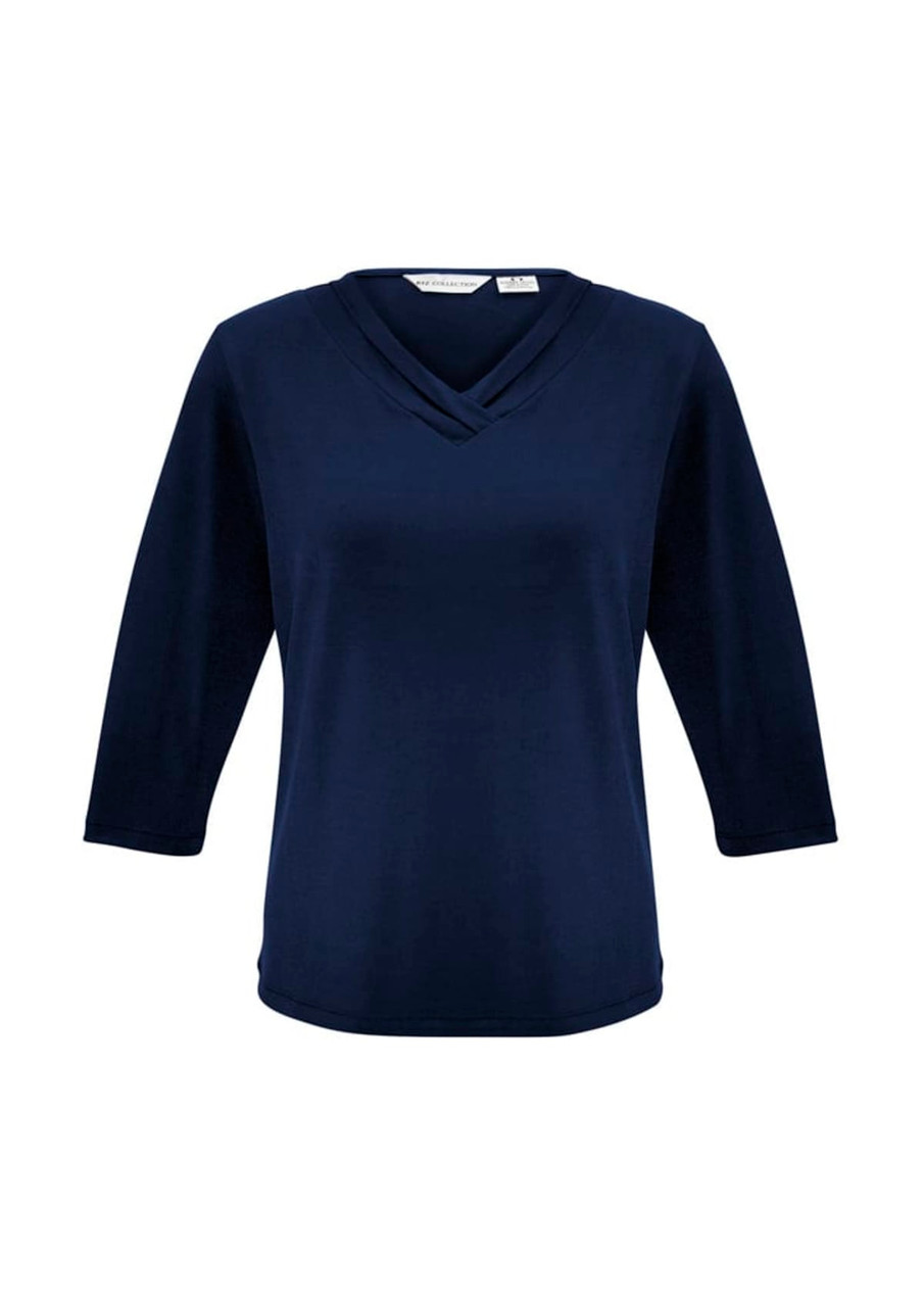 A navy blue women's 3/4 sleeve top with a crossover neckline and a logo.