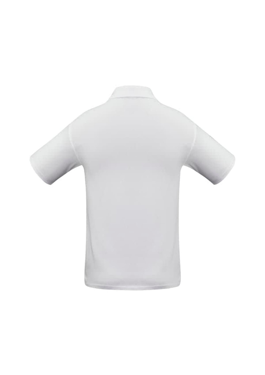 A white short sleeve polo shirt featuring a collar and a logo on the back.