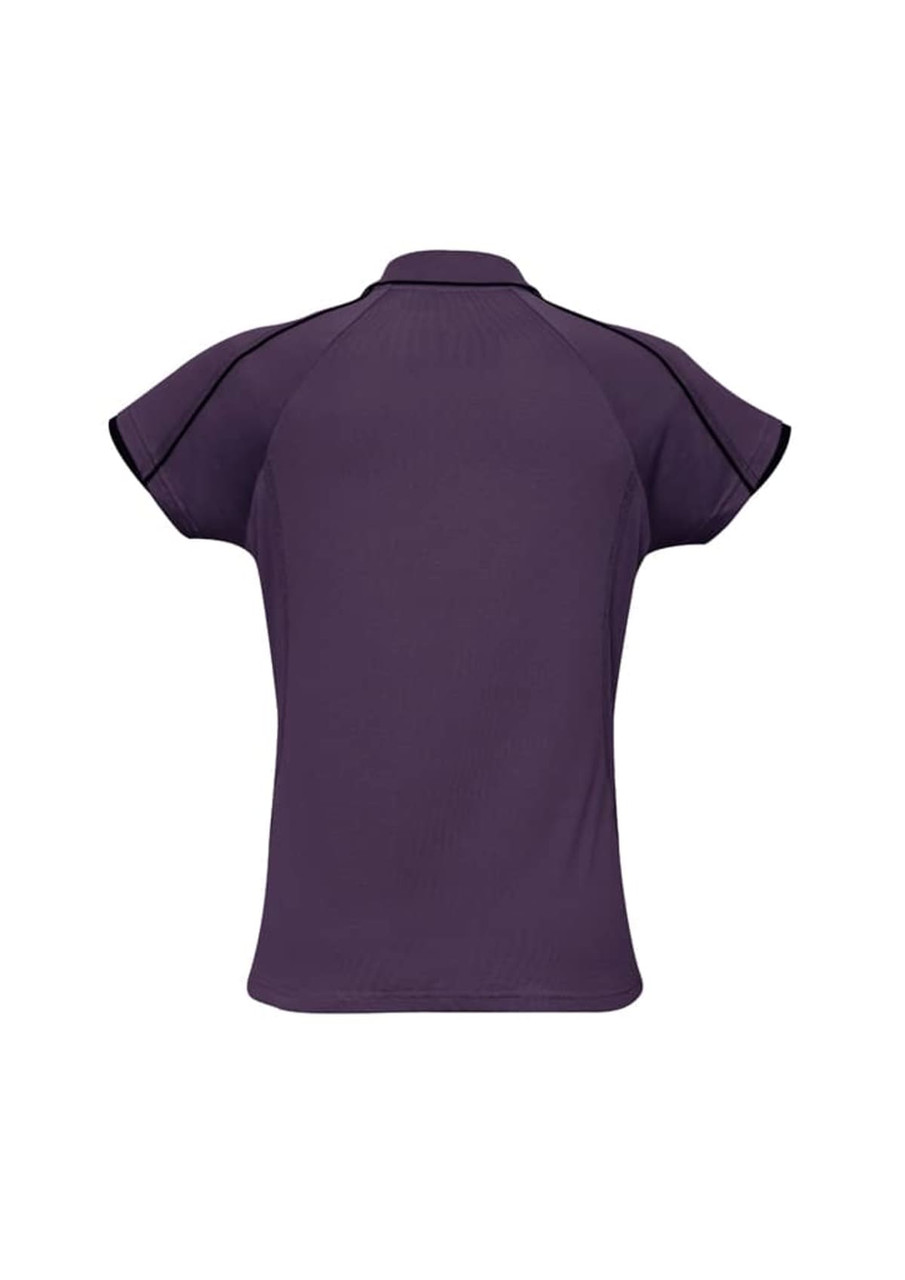 A women's short sleeve polo shirt in purple with contrasting black trim and a logo.