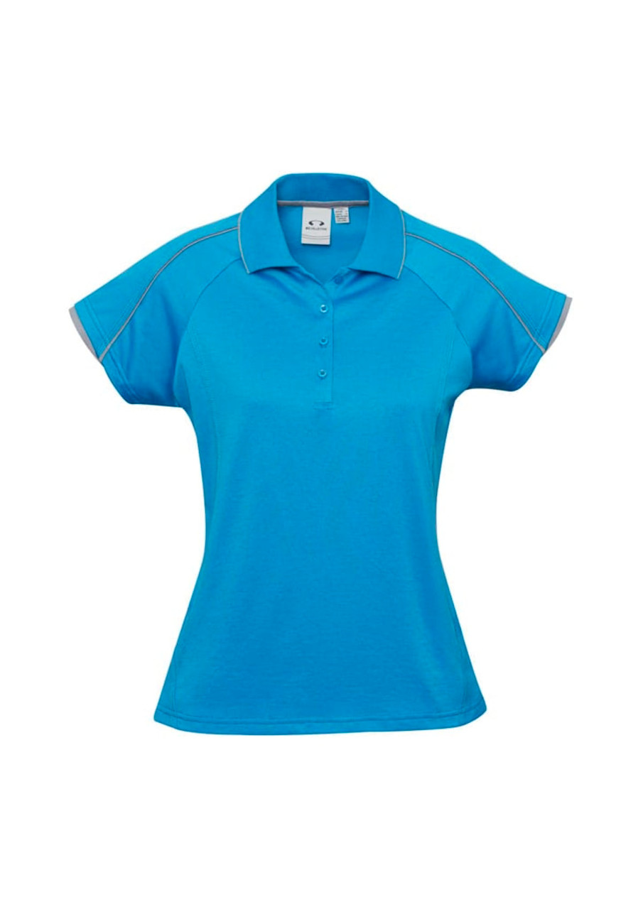 A women's short sleeve polo shirt in a vibrant blue colour with a logo on the chest.