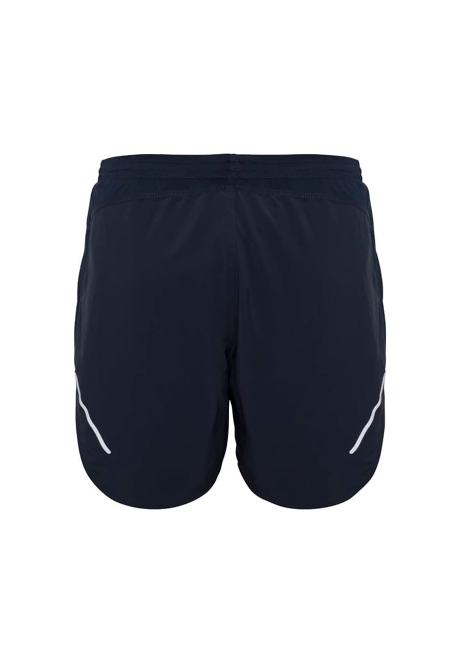 A pair of navy sports shorts featuring white detailing and an elastic waistband. Includes a logo on the back.