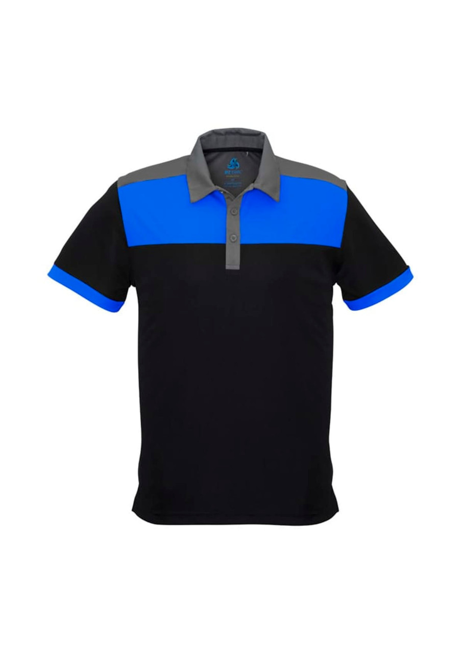 A black short sleeve polo shirt with blue and grey horizontal stripes and a collar. Features a logo on the chest.