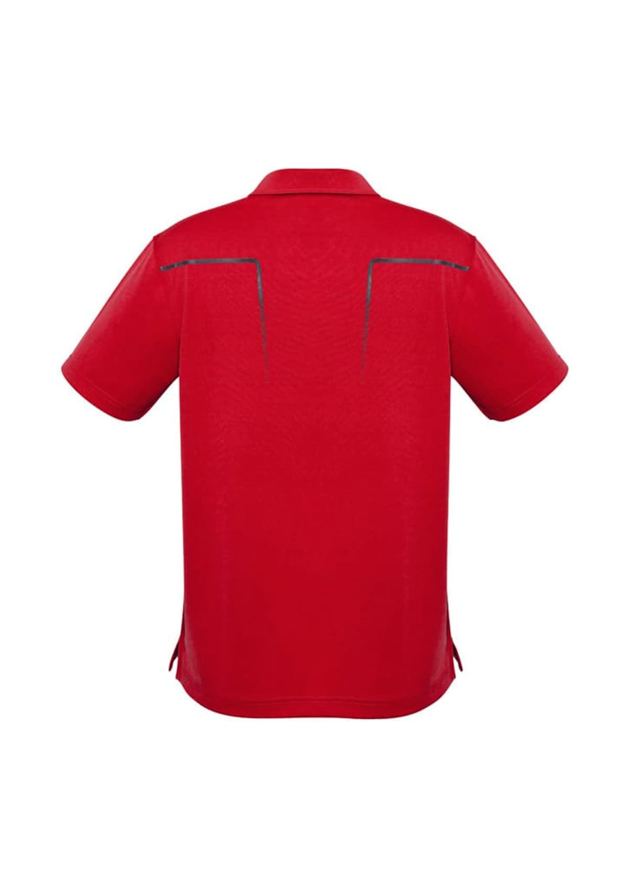 A red men's short sleeve polo shirt featuring a subtle design element and a logo. Back view displayed.