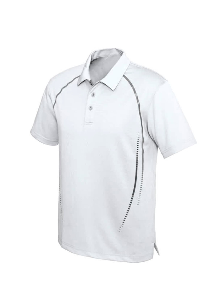 A light grey short sleeve polo shirt featuring a sleek design and logo on the front.