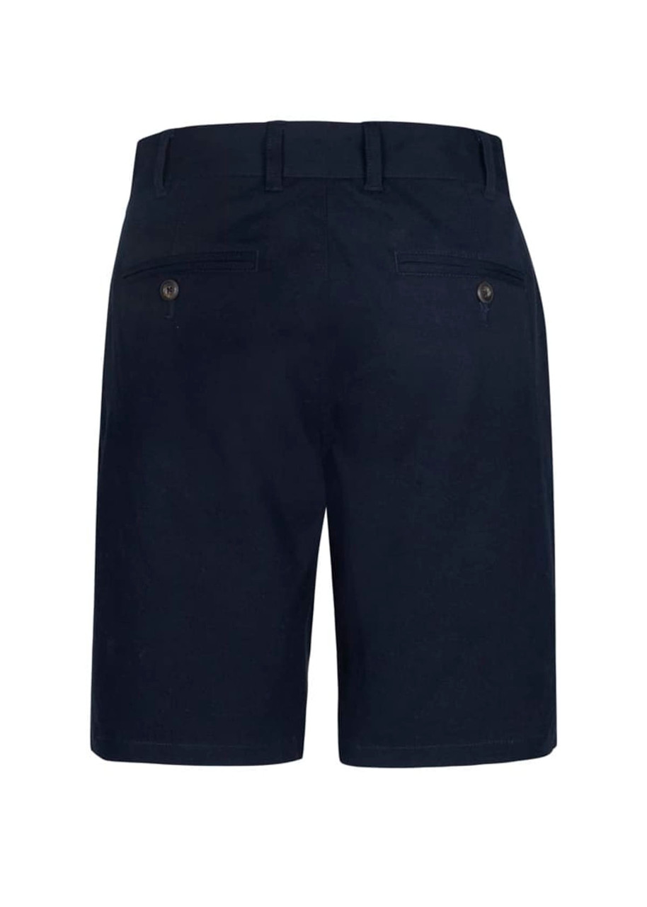 Navy dress shorts featuring a classic design with two back pockets and a simple button detail.