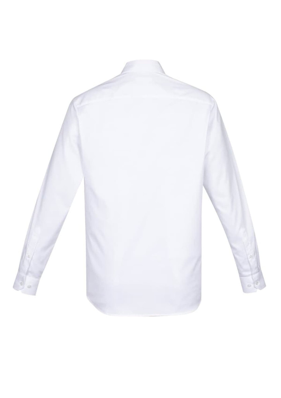 A white long sleeve button-up shirt with a classic collar and buttoned cuffs at the sleeves.