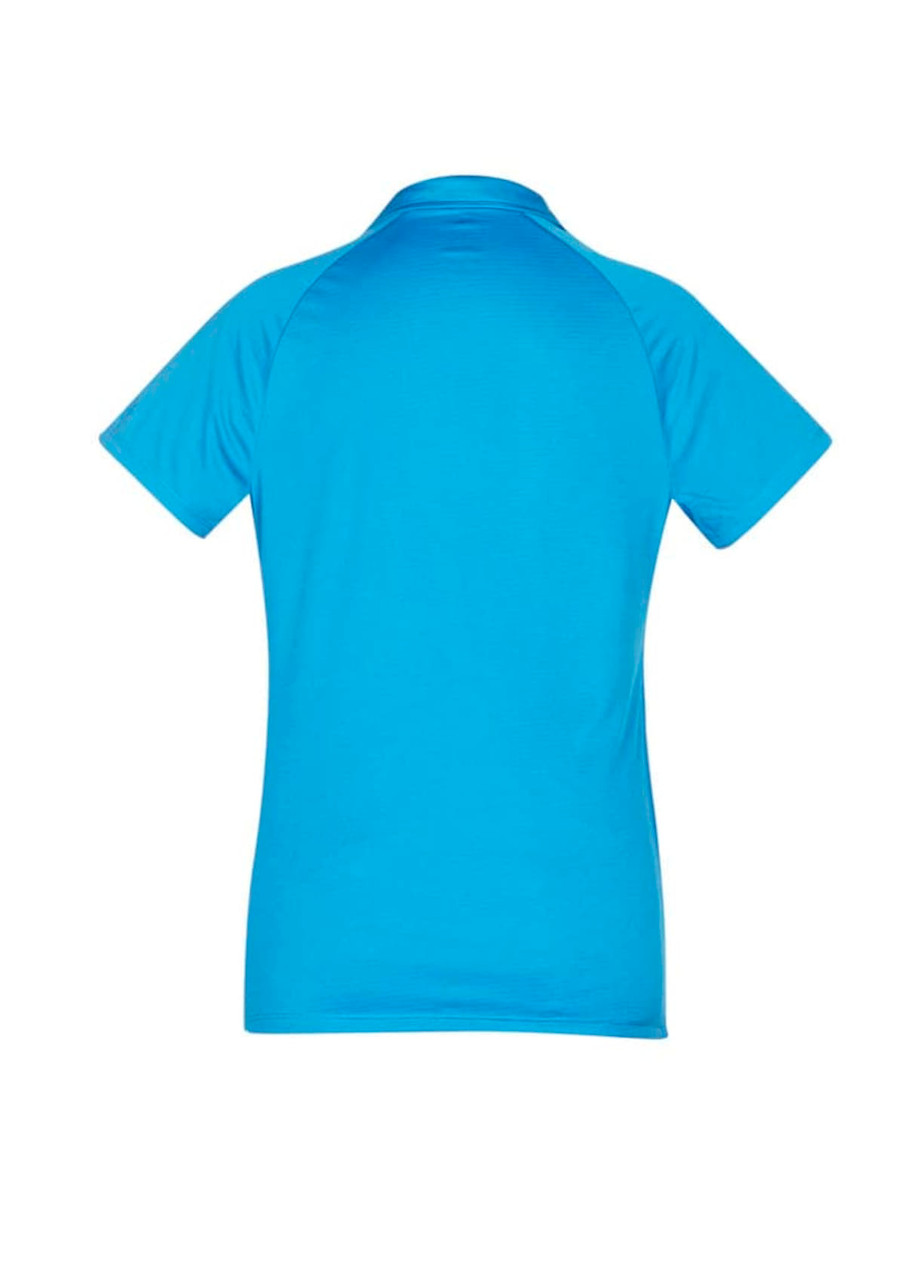 A short sleeve polo shirt in a bright blue colour, featuring a collar and a logo on the back.
