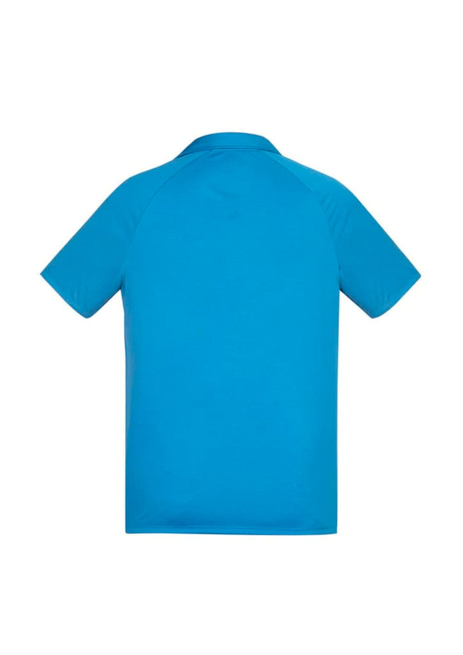 A short sleeve polo shirt in bright blue with a smooth finish and a logo on the back.