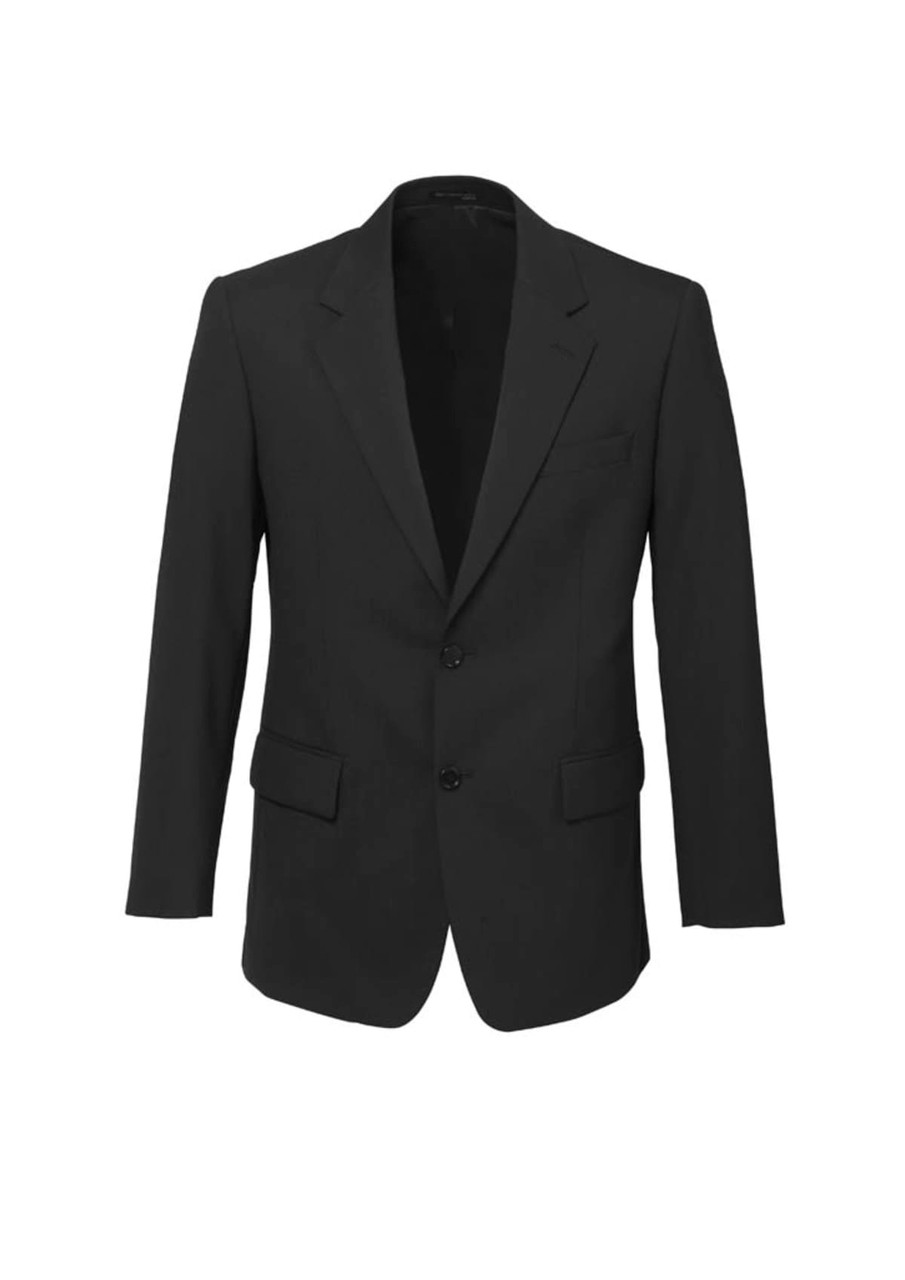 A black men's comfort wool stretch 2 button classic jacket featuring two front pockets and a branding logo.