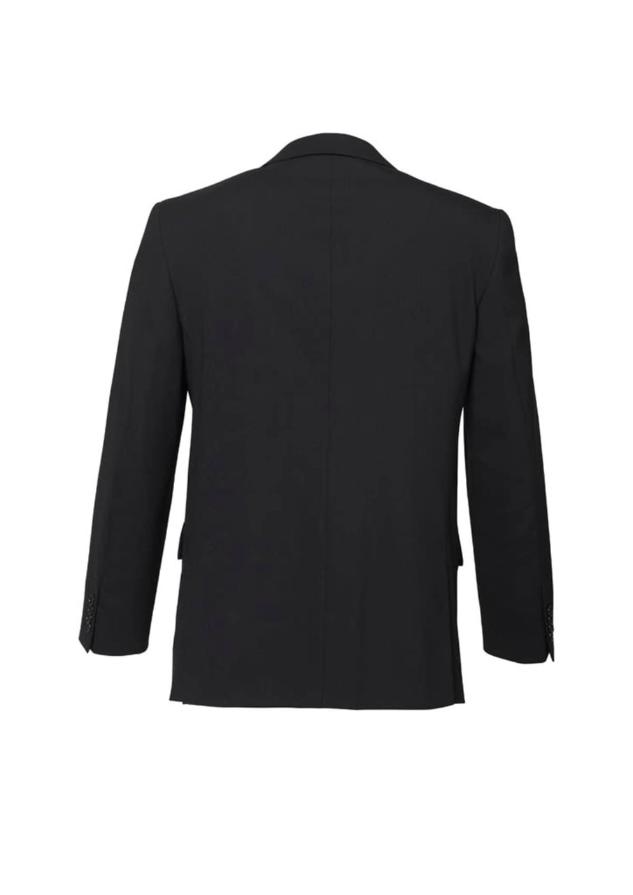 A black men's comfort wool stretch jacket featuring a classic two-button design and a rear view.