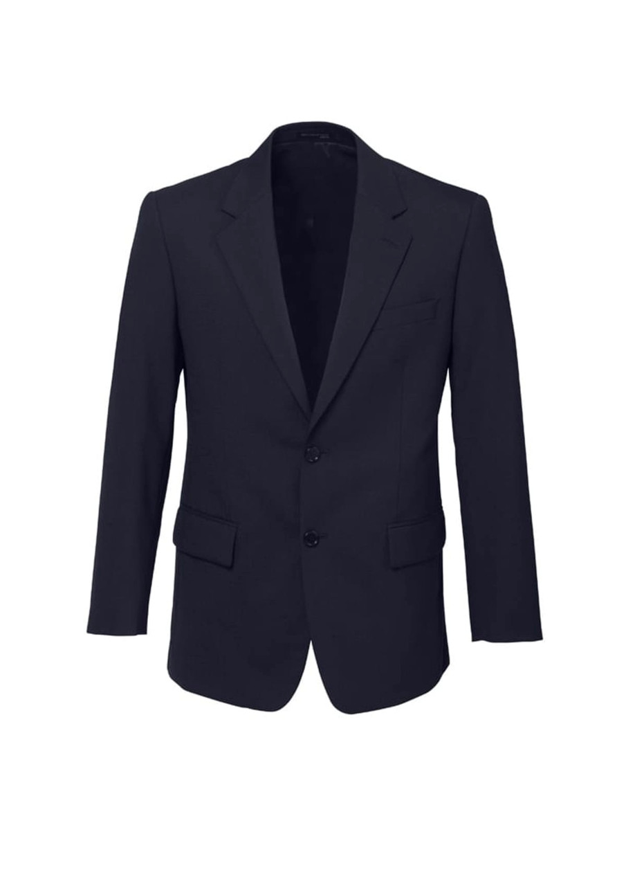 A classic navy blue men's blazer featuring a two-button closure and front pockets, with a logo on the inside.