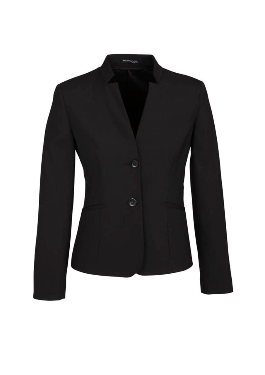A black women's comfort wool stretch short jacket with a reverse lapel and two buttons, featuring a sleek design.