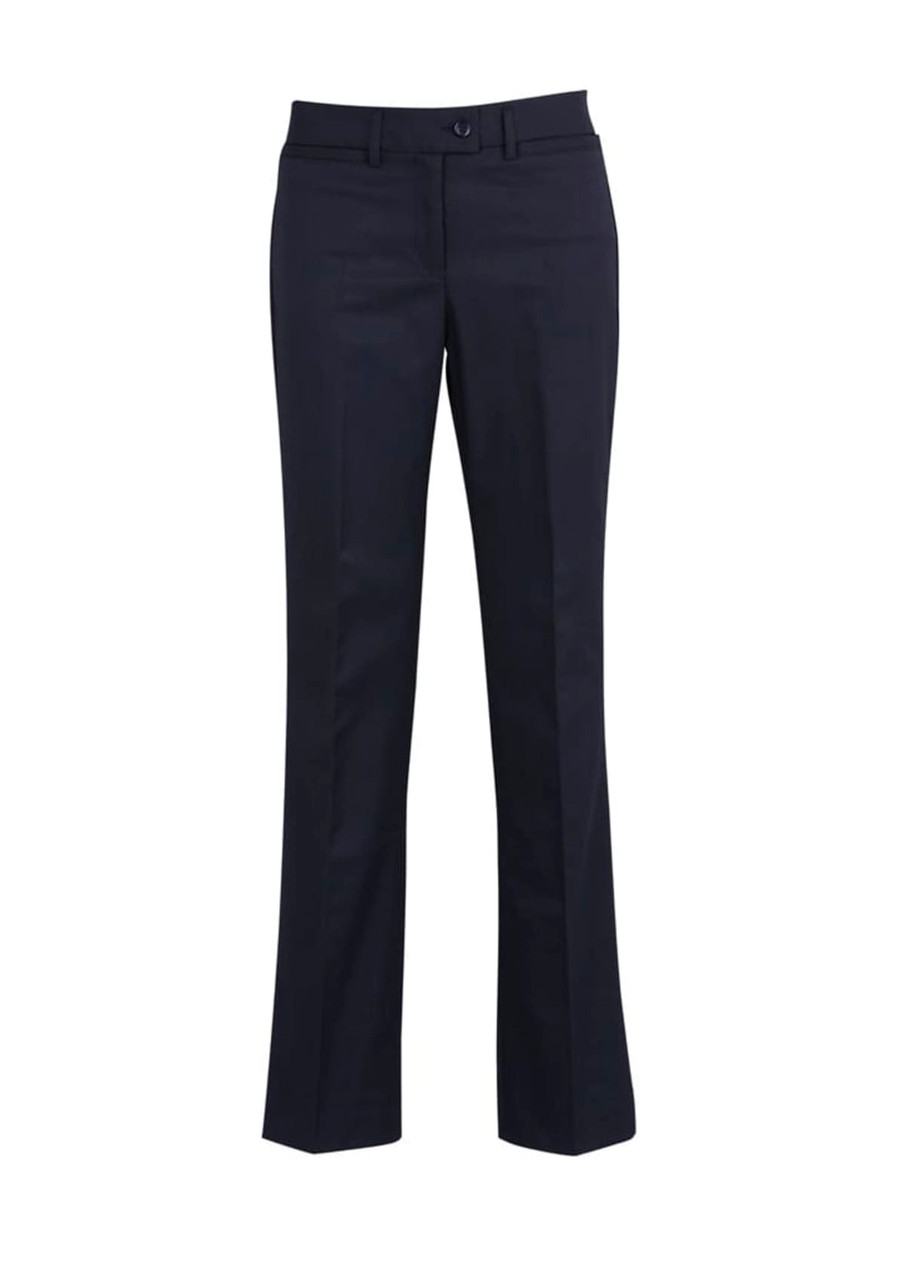 A pair of dark navy relaxed pants with a straight leg and front pockets. The pants feature a button closure and a logo.