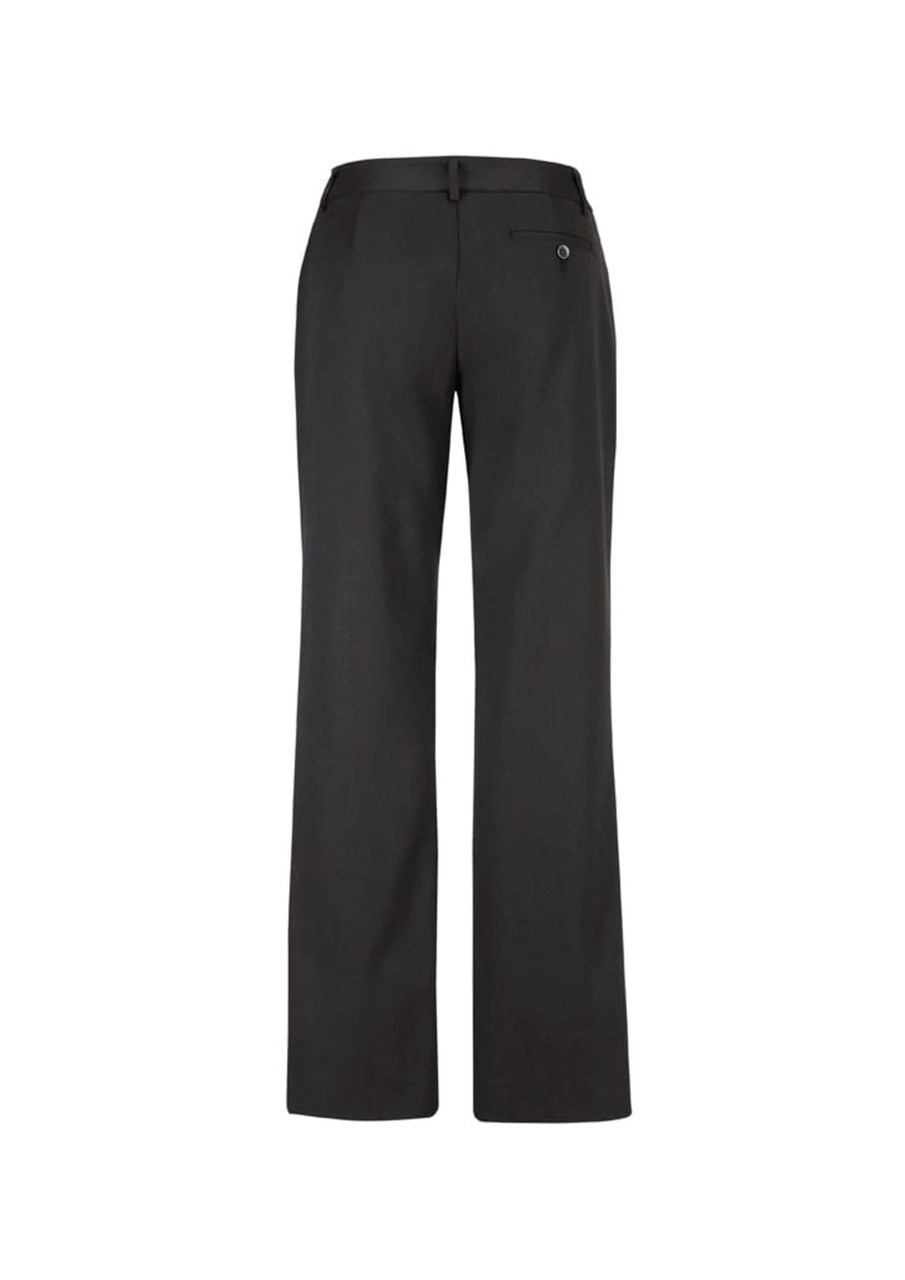 Black women's relaxed pants with a straight leg design and a single back pocket, featuring a logo.