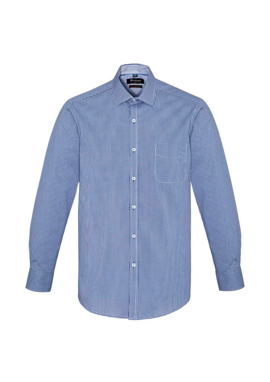 A blue and white checkered long sleeve button-up shirt featuring a chest pocket and a collar.