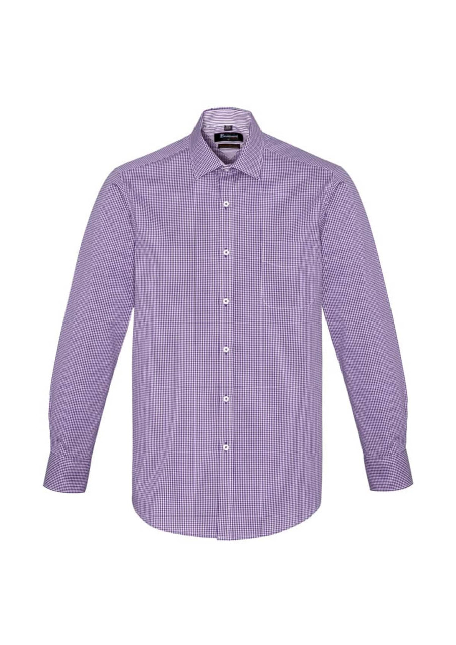 A long sleeve button-up shirt in a purple and white check pattern, featuring a pocket and a logo.