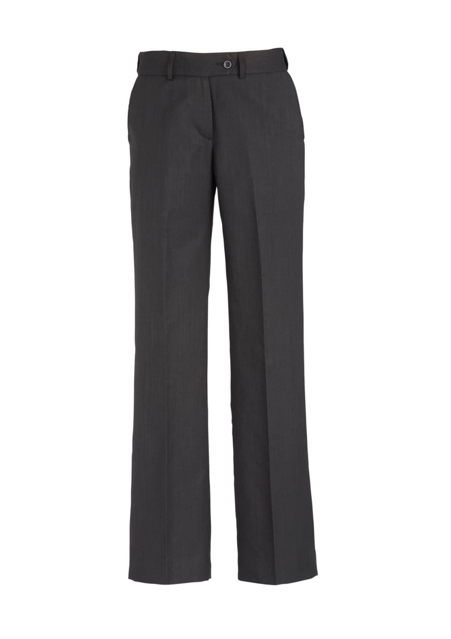 Womens cool stretch adjustable waist pant in dark grey with a classic straight leg design and subtle branding.