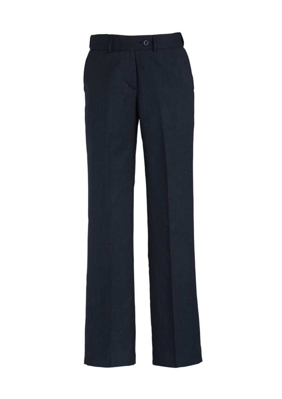 Adjustable waist pants in navy blue with a straight leg design. The item features a brand logo.