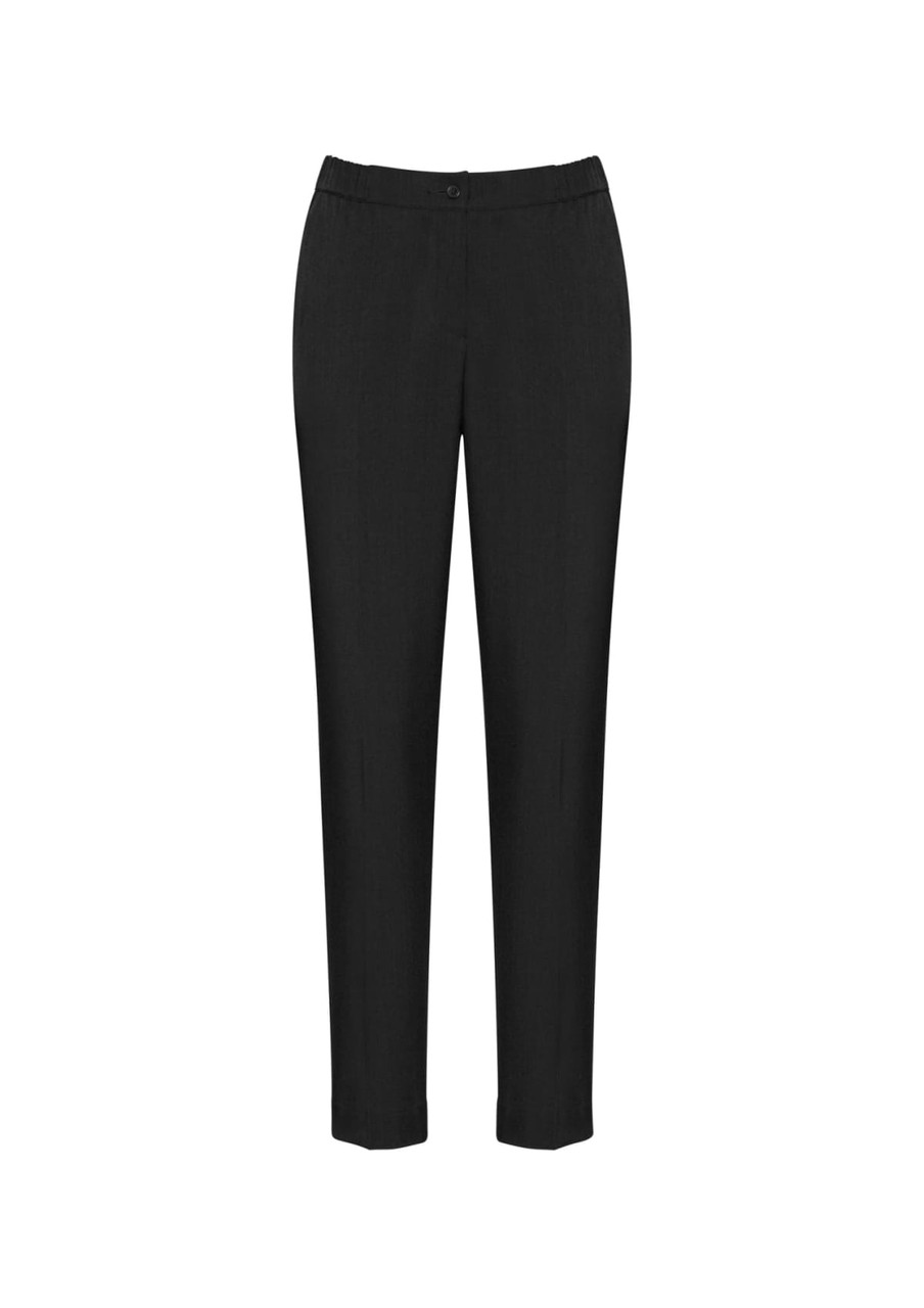 Black women's slacks with a comfortable waistband and tapered leg design. Features a logo on the waistband.