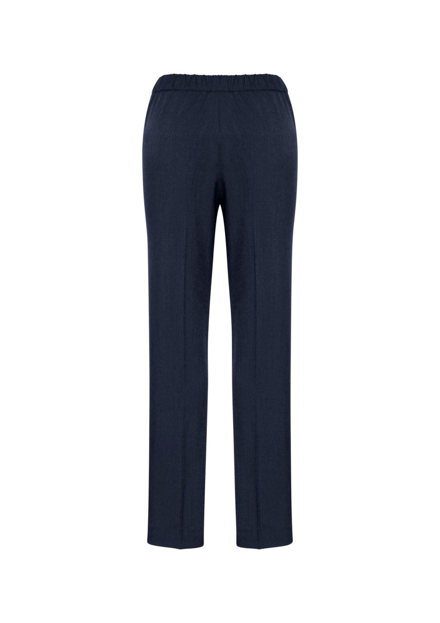 A pair of navy blue women's ultra comfort waist pants with an elastic waistband, featuring a simple design and no embellishments.