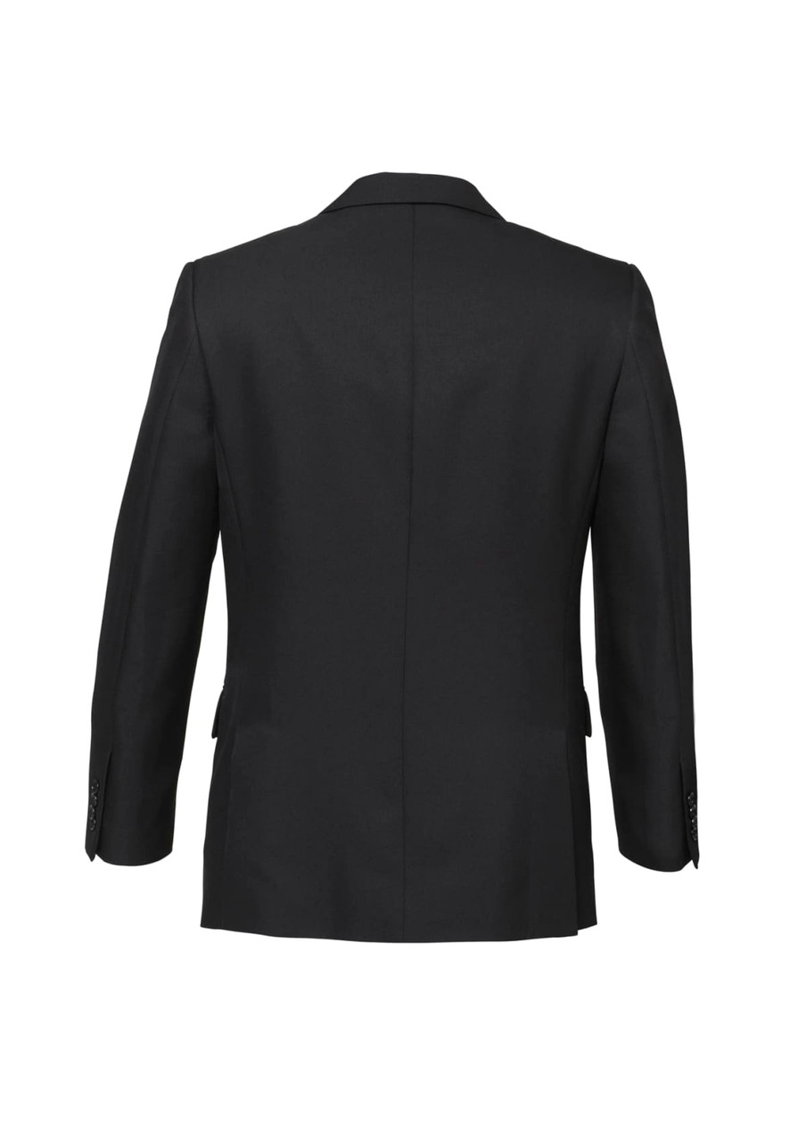 A black, classic two-button jacket featuring a tailored fit and a smooth back design. Includes branding on the inside.