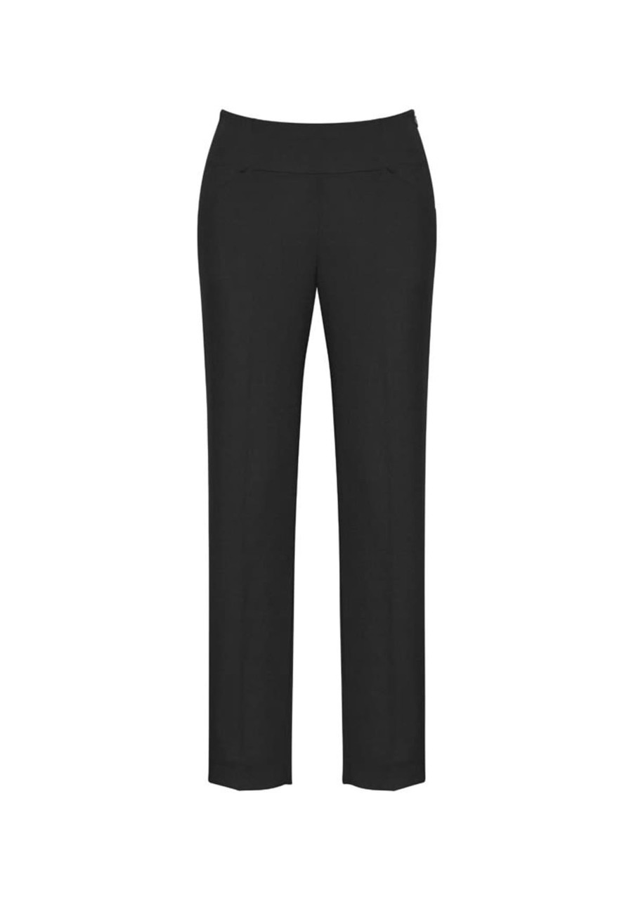 Black slim leg pants featuring a bandless waist design, suitable for casual or professional wear.