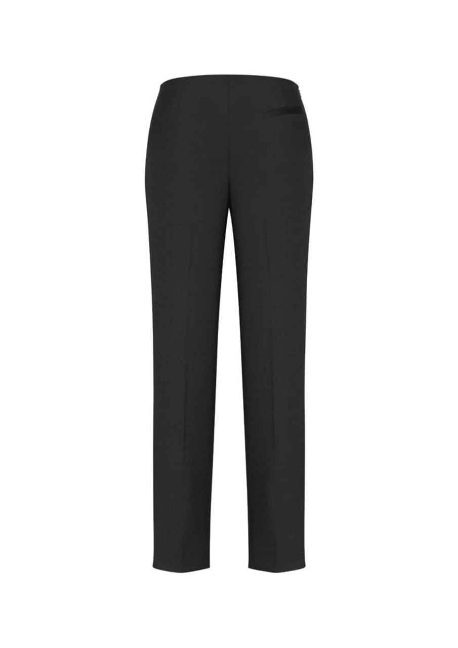 A pair of women's slim leg pants in black, featuring a bandless design and a pocket at the back.