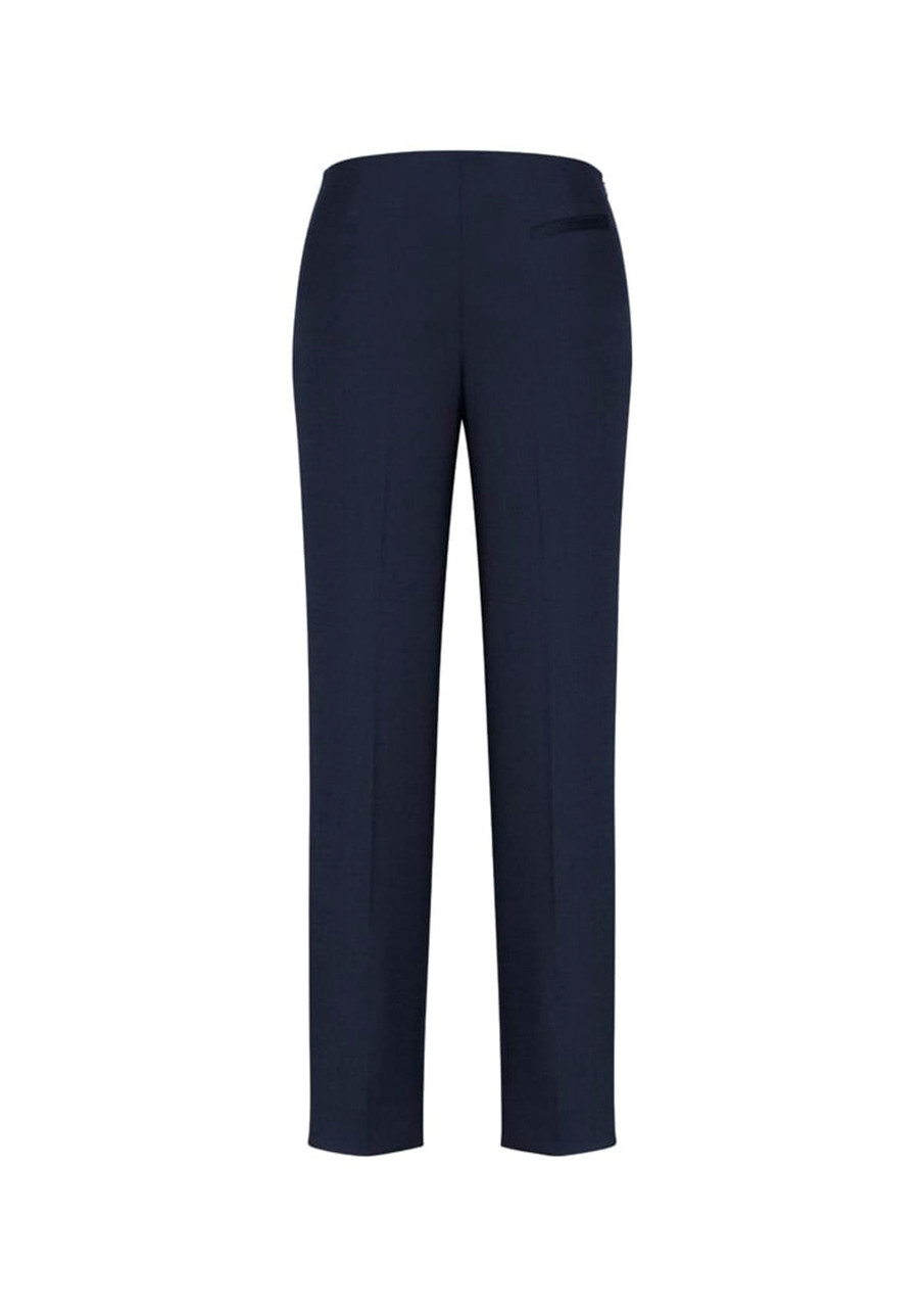 Navy blue women's slim leg pants with a bandless design and a single back pocket. Includes a logo.