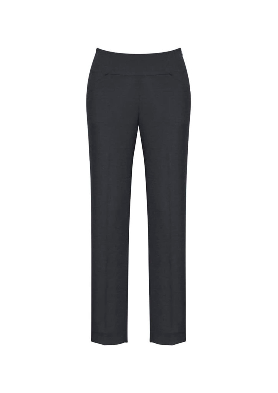 A pair of black slim-leg pants with a bandless design and a front pocket. Features a logo on the waistband.