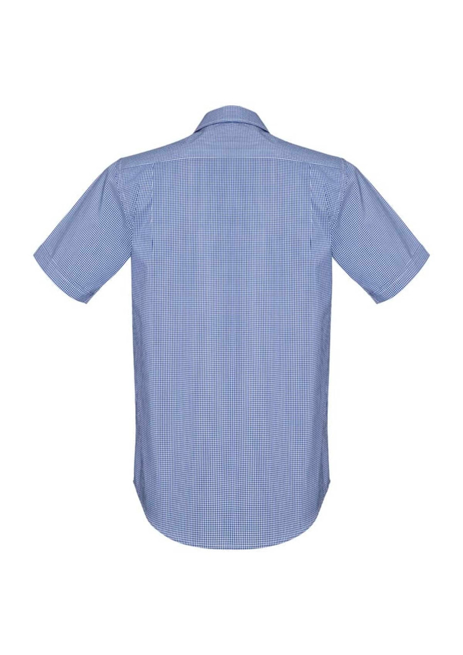 A short sleeve button-up shirt with a checkered pattern in blue and white, featuring a branded logo on the back.
