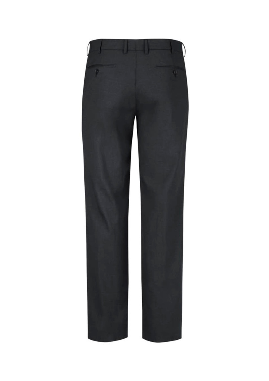 A pair of men's adjustable waist slacks in dark grey with a smooth finish and back pockets.