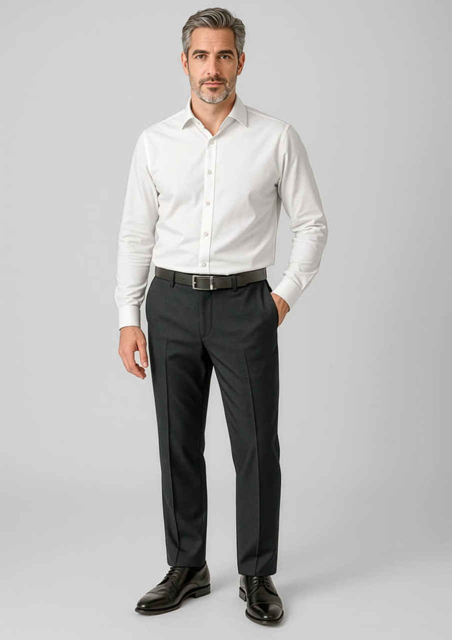 Men's comfort wool stretch adjustable waist pants in black, paired with a white shirt and black shoes.