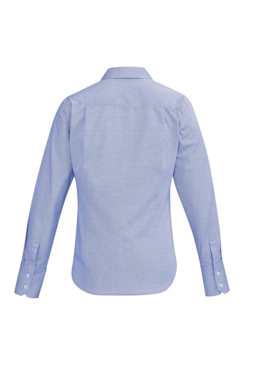A blue women's button-up long sleeve shirt featuring a collar and buttoned cuffs, with a logo on the back.