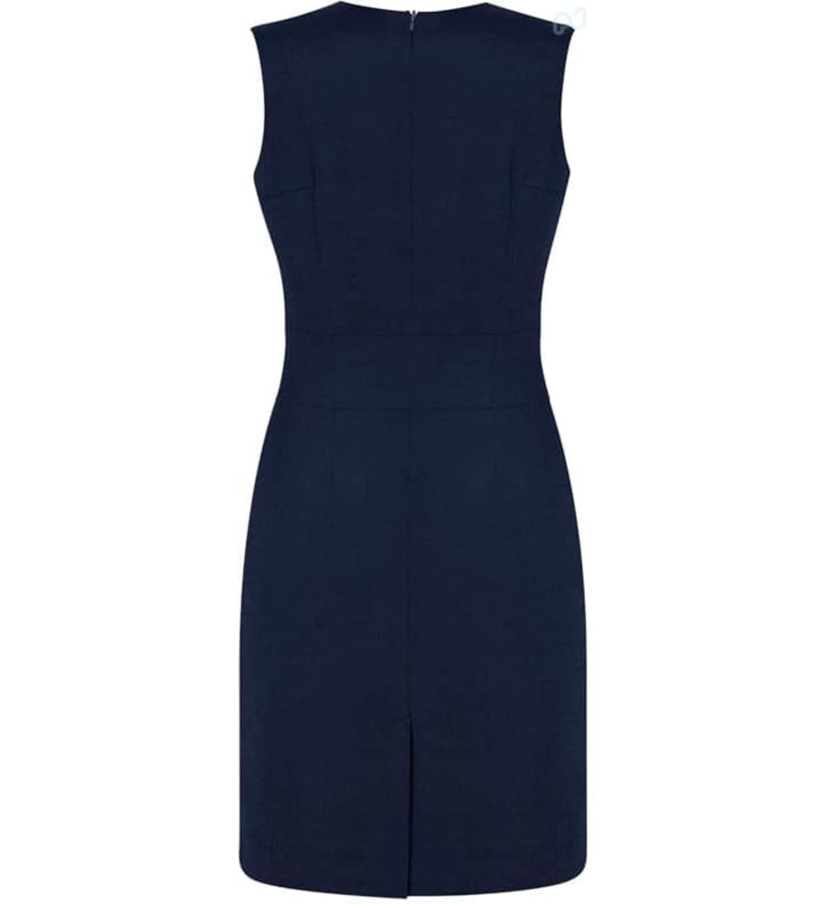 A sleeveless women's dress in navy blue with a V-neck and a back zipper, featuring a split hem.
