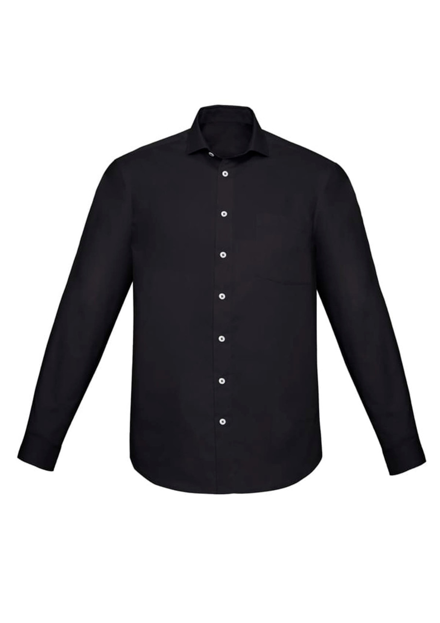 A black long sleeve button-up shirt with a chest pocket and a logo. Classic fit design.